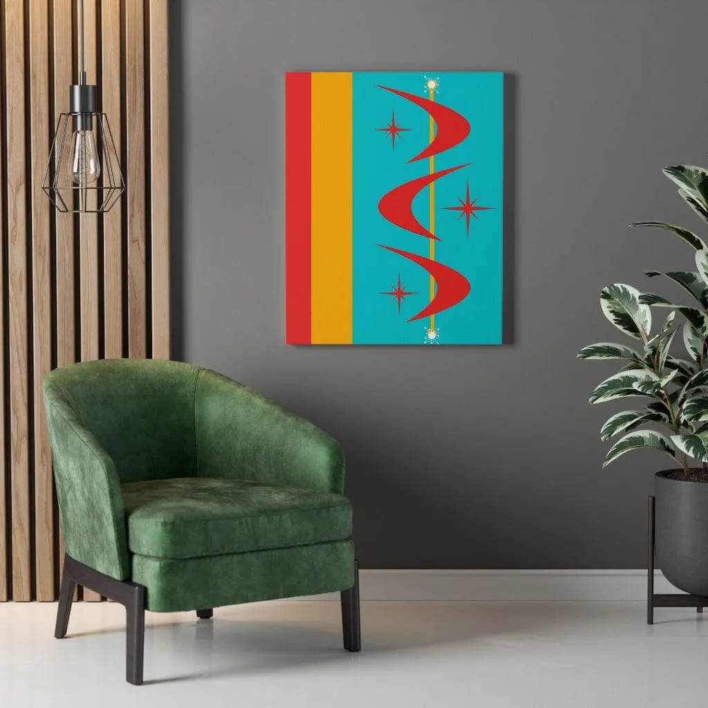 Atomic Boomerang Retro Red, Aqua Blue, Mustard Yellow Mid Century Modern Retro Wall Art