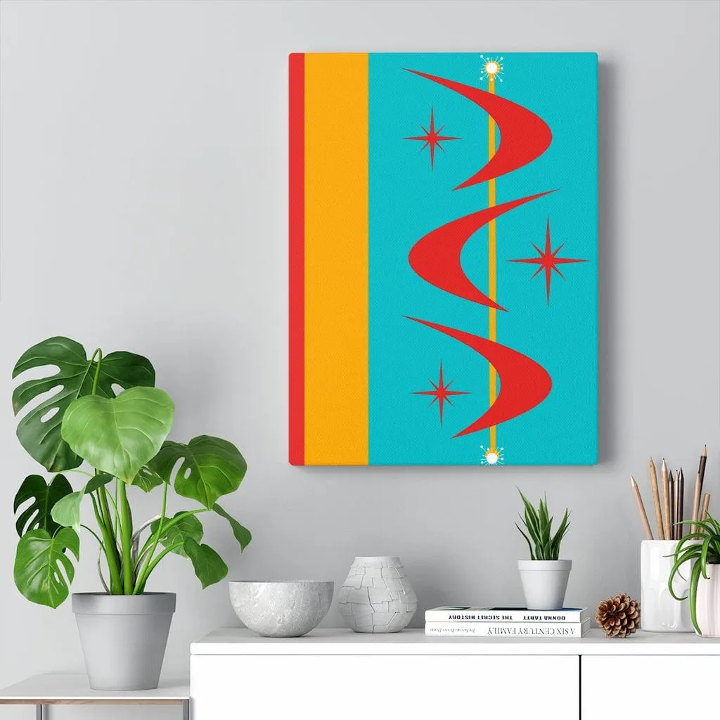 Atomic Boomerang Retro Red, Aqua Blue, Mustard Yellow Mid Century Modern Retro Wall Art