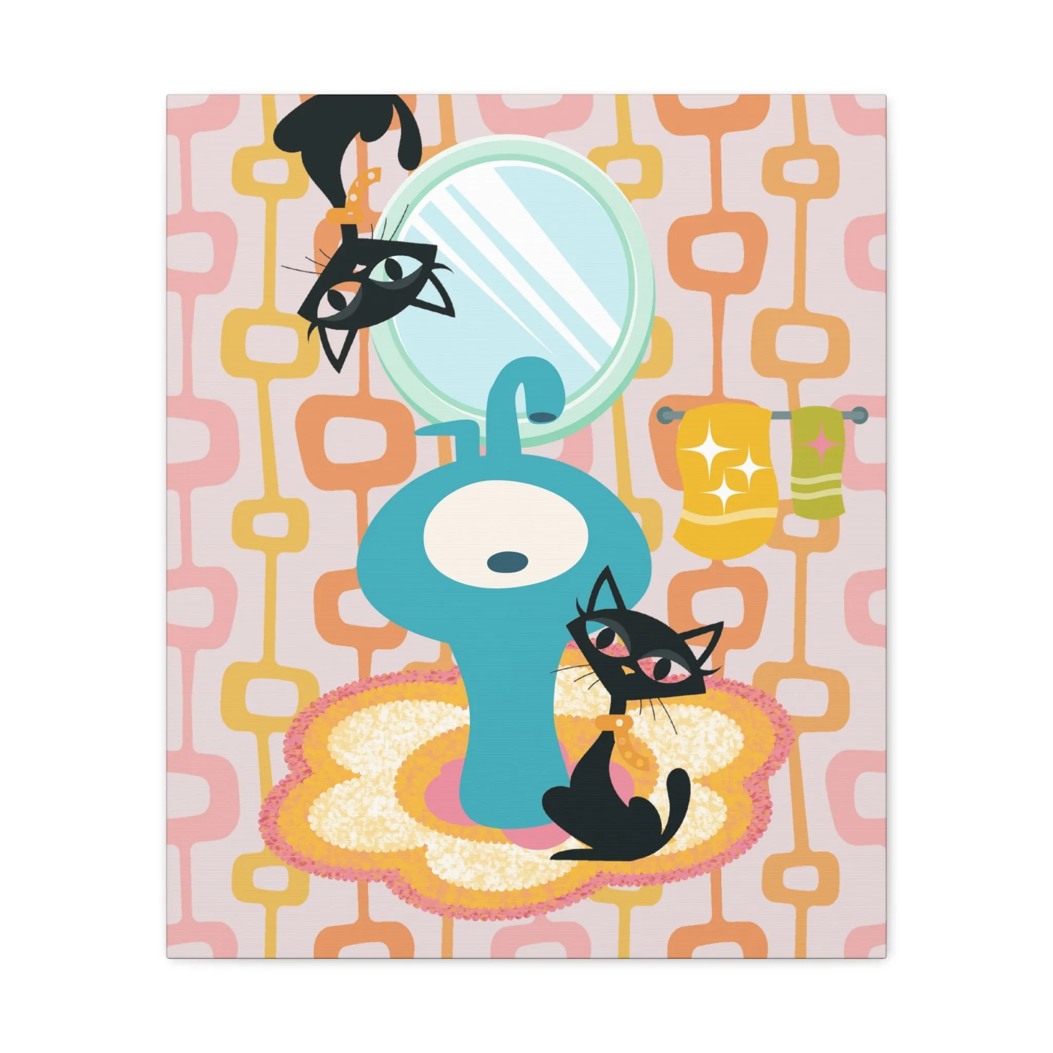 Atomic Cat Bathroom Art, Mid Century Modern Geometric, Crazy Fun Quirky Atomic Wall Art For Bathroom