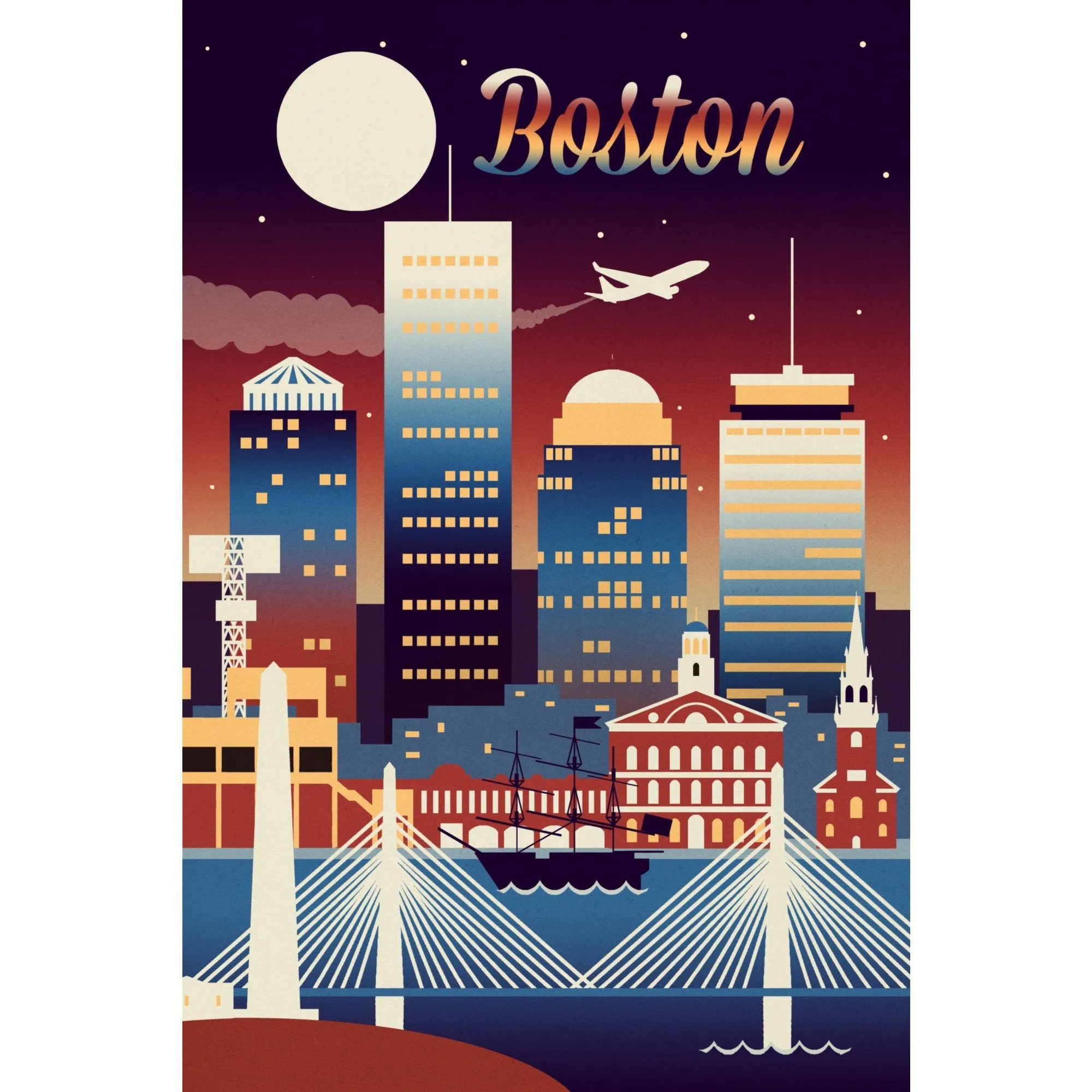 Boston, Massachusetts, Retro Skyline Chromatic Series, Lantern Press Artwork, Stretched Canvas