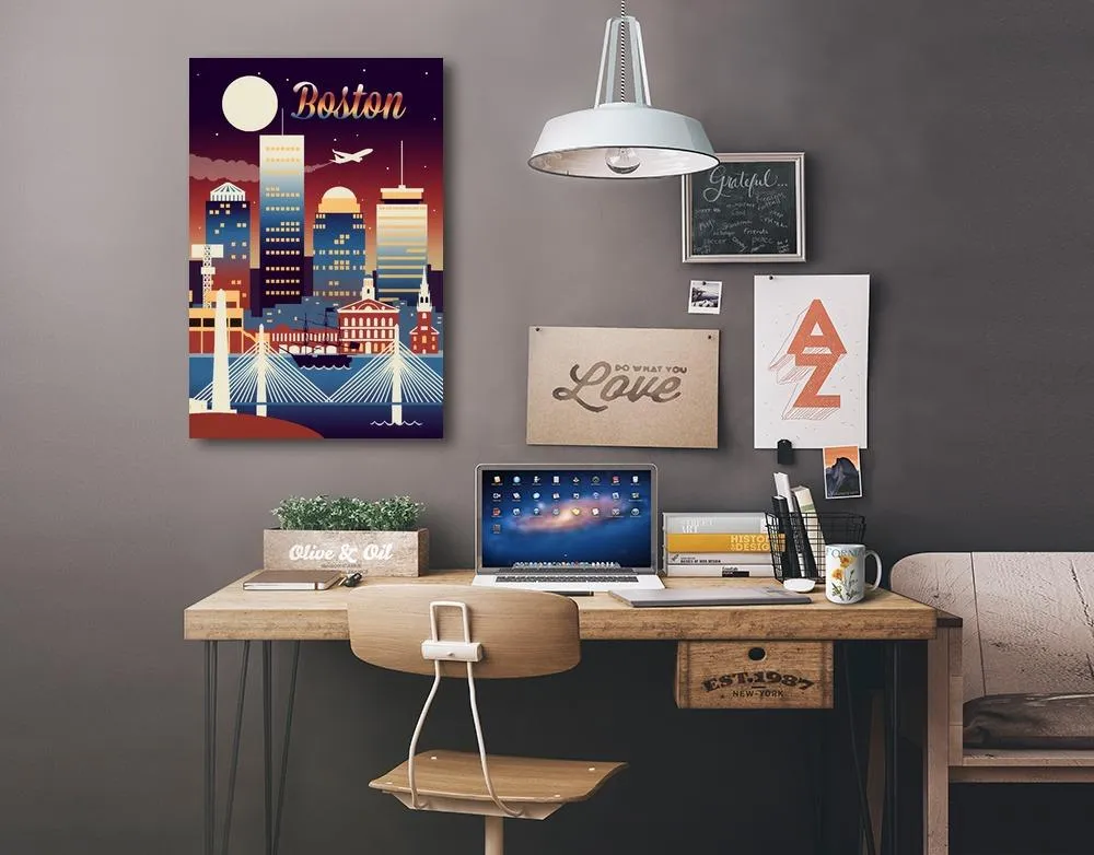 Boston, Massachusetts, Retro Skyline Chromatic Series, Lantern Press Artwork, Stretched Canvas