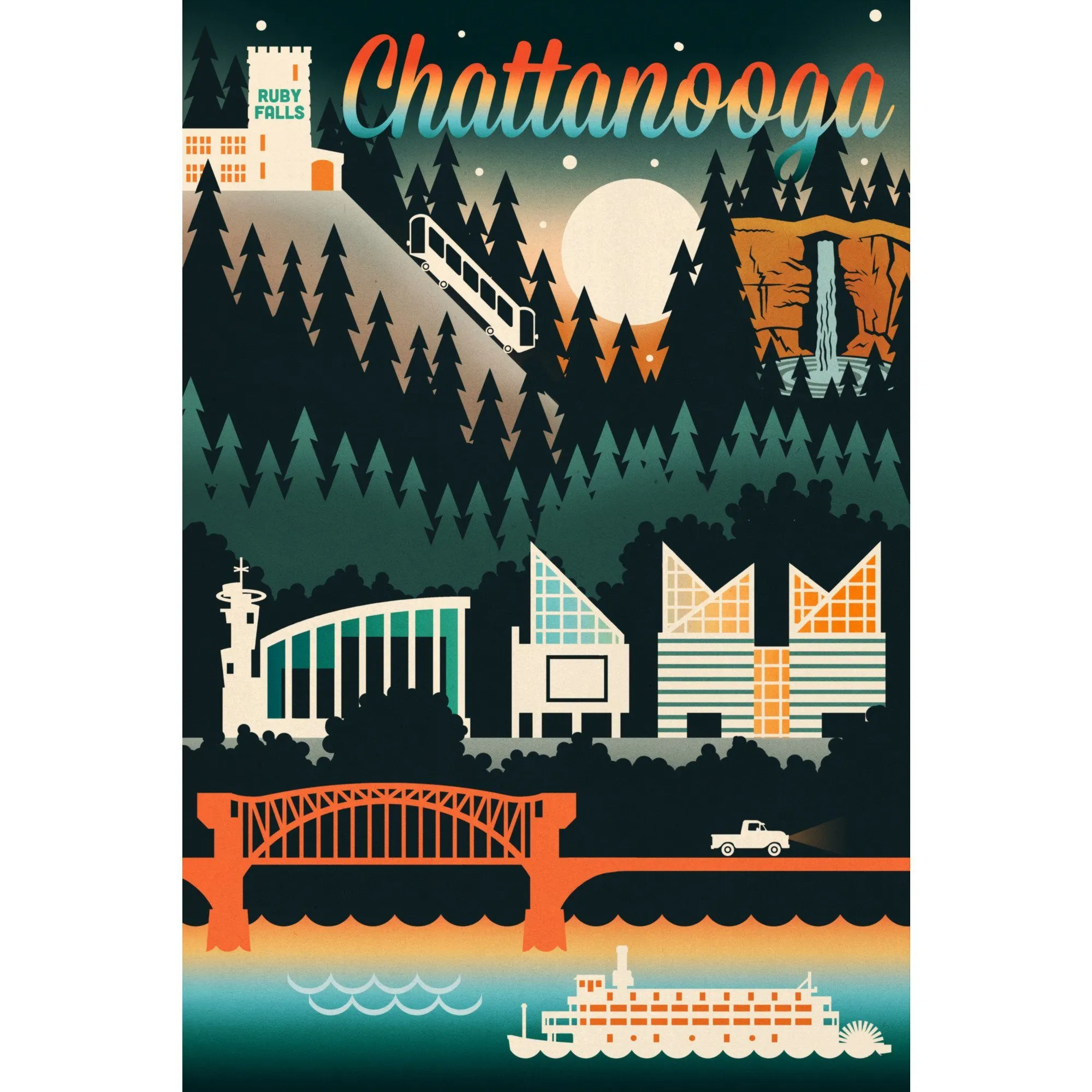 Chattanooga, Tennessee, Retro Skyline Chromatic Series, Lantern Press Artwork, Stretched Canvas