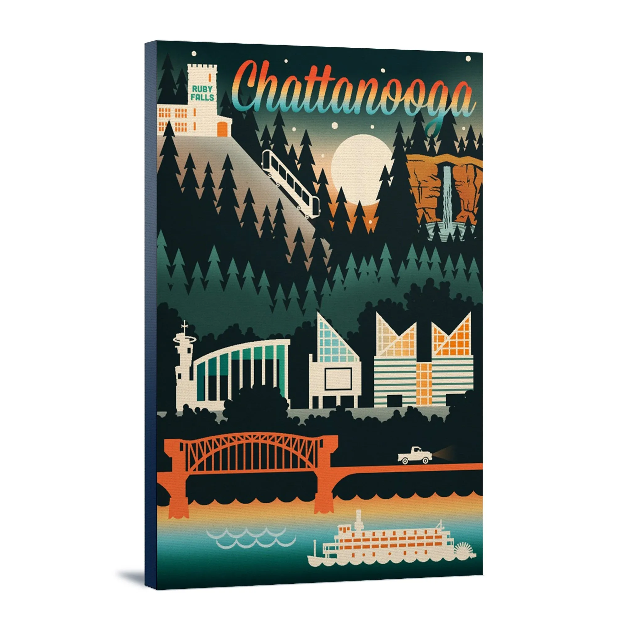 Chattanooga, Tennessee, Retro Skyline Chromatic Series, Lantern Press Artwork, Stretched Canvas