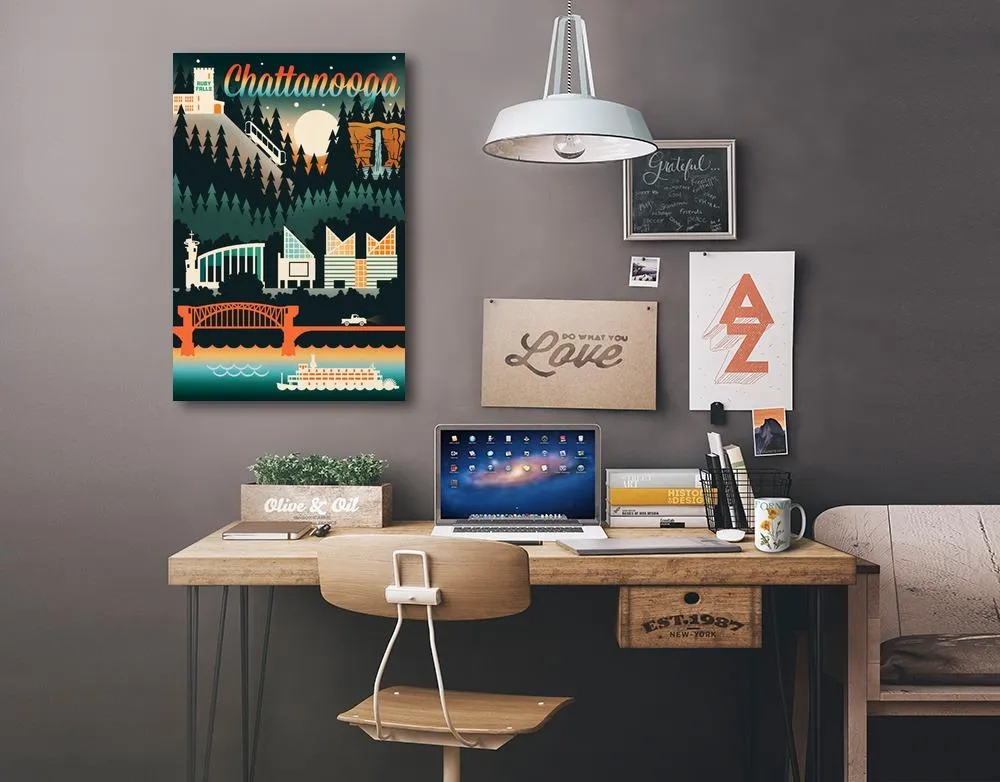 Chattanooga, Tennessee, Retro Skyline Chromatic Series, Lantern Press Artwork, Stretched Canvas