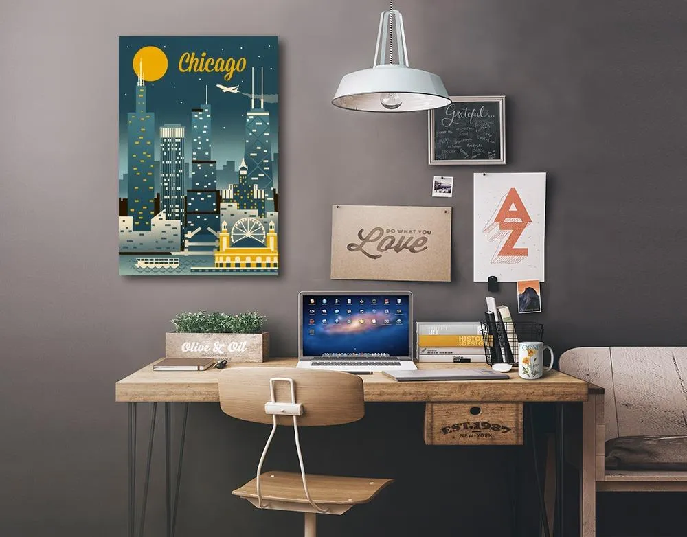 Chicago, Illinois, Retro Skyline Classic, Lantern Press Artwork, Stretched Canvas