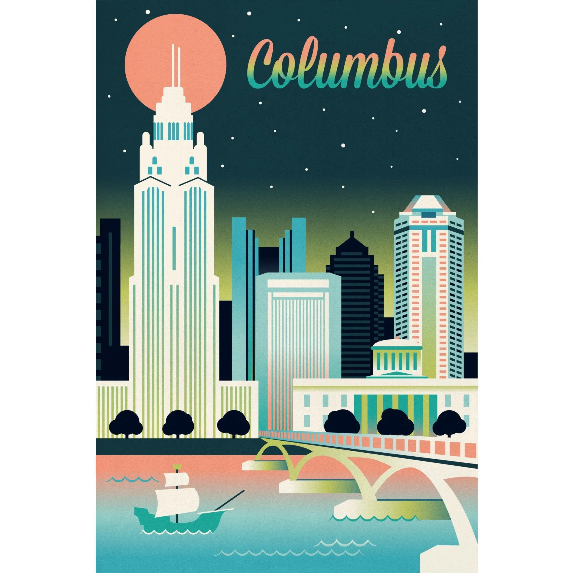 Columbus, Ohio, Retro Skyline Chromatic Series, Lantern Press Artwork, Stretched Canvas
