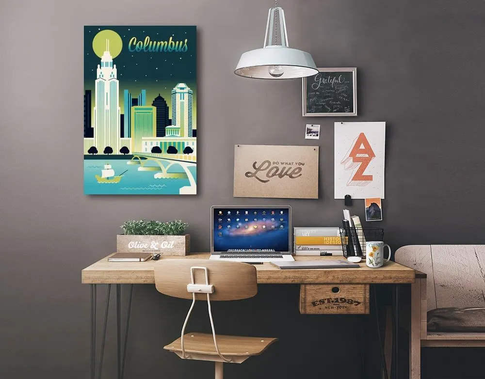 Columbus, Ohio, Retro Skyline Chromatic Series, Lantern Press Artwork, Stretched Canvas