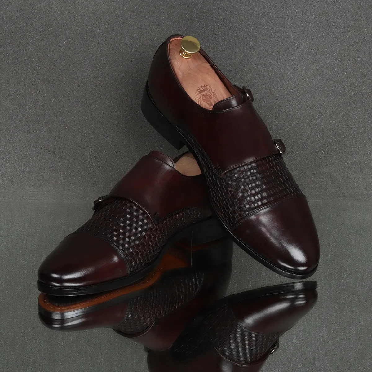 Double Monk Leather Shoe in Dark Brown Leather Dual Shade Woven Detailed Vamp to Quarter By Brune & Bareskin