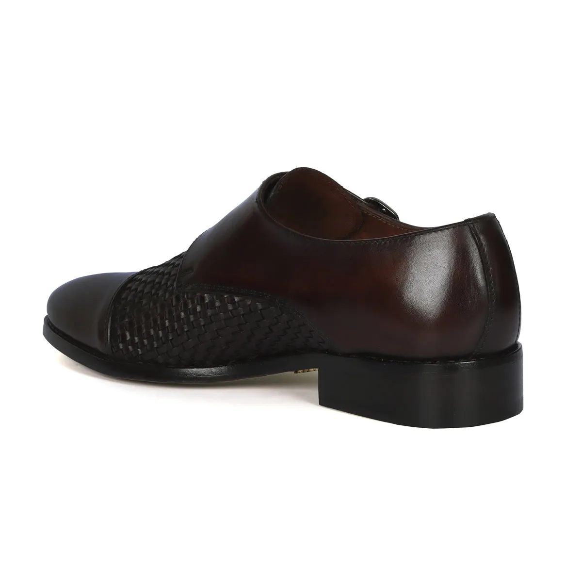 Double Monk Leather Shoe in Dark Brown Leather Dual Shade Woven Detailed Vamp to Quarter By Brune & Bareskin