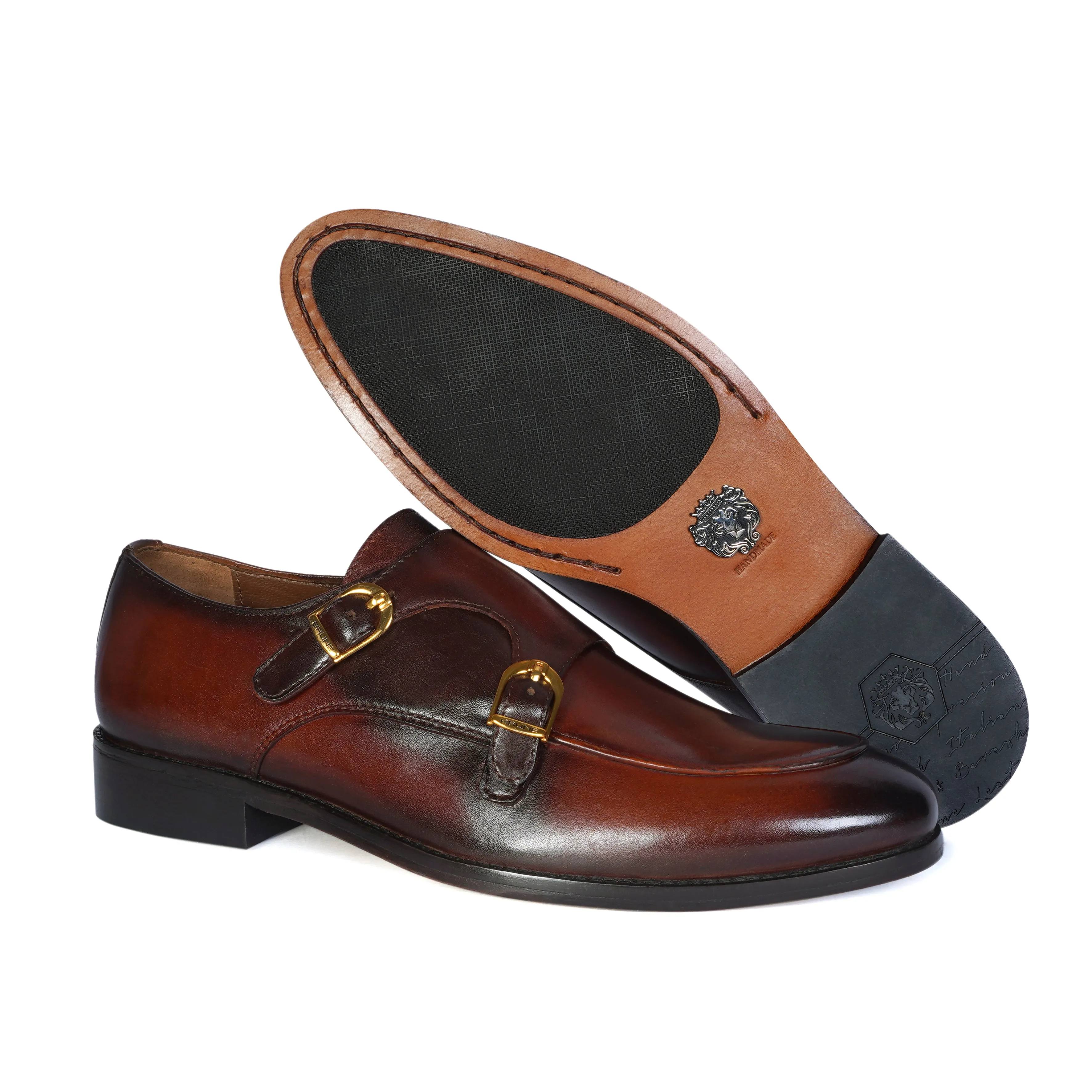 Dual Tone Double Monk Tan Genuine Leather Slip-On Shoes With Leather Sole By Brune & Bareskin