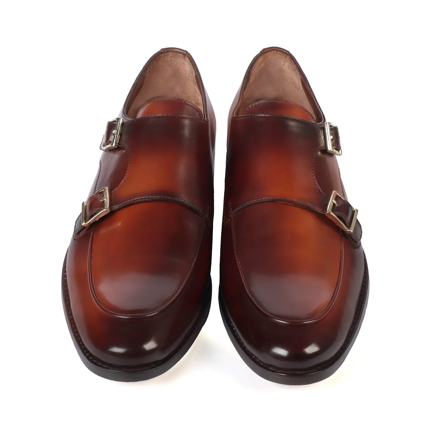 Dual Tone Double Monk Tan Genuine Leather Slip-On Shoes With Leather Sole By Brune & Bareskin