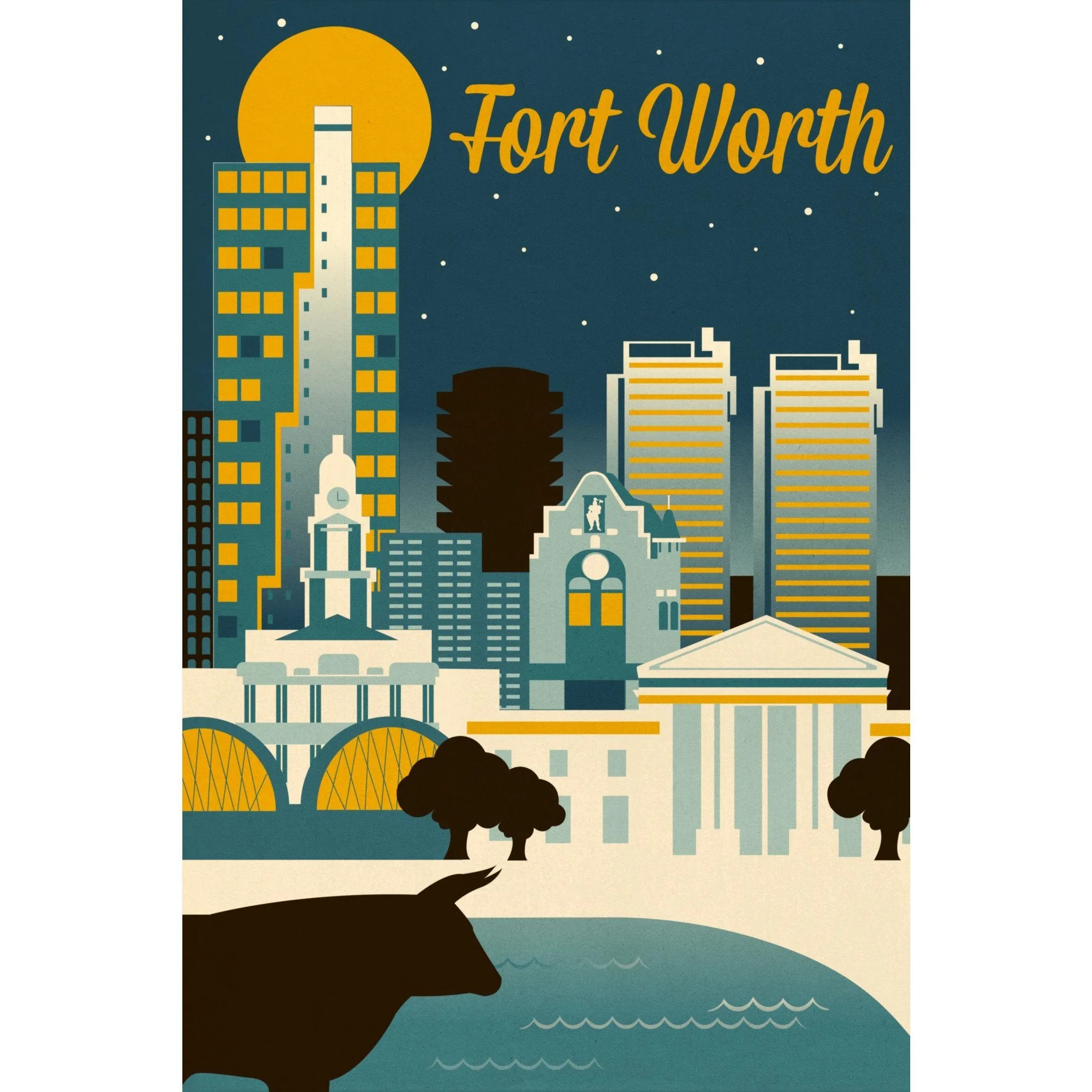 Fort Worth, Texas, Retro Skyline Series, Lantern Press Artwork, Stretched Canvas