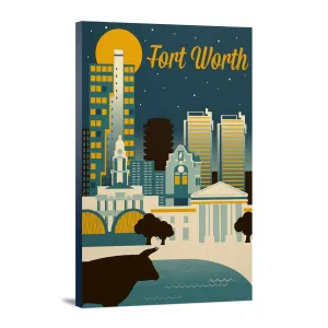 Fort Worth, Texas, Retro Skyline Series, Lantern Press Artwork, Stretched Canvas
