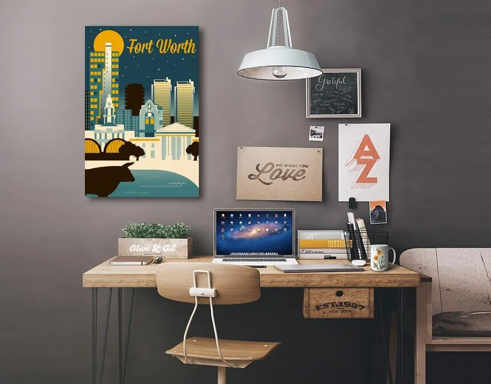 Fort Worth, Texas, Retro Skyline Series, Lantern Press Artwork, Stretched Canvas