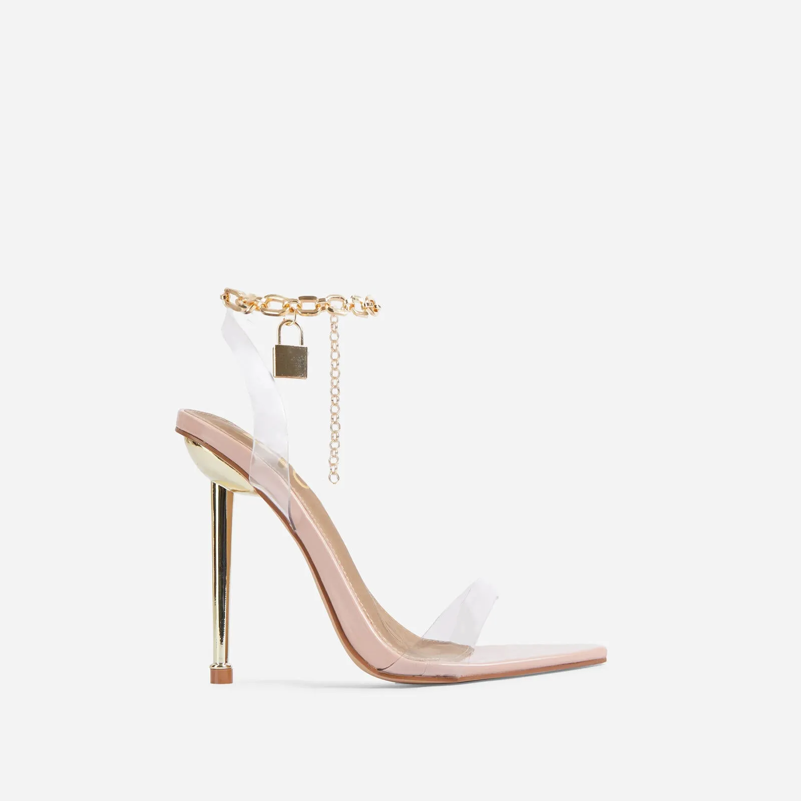 Front-row Chain Padlock Detail Clear Pointed Toe Metallic Heel
