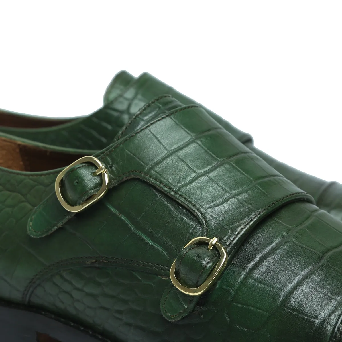 Green Croco Leather Double Monk With Leather Sole Shoes By Brune & Bareskin