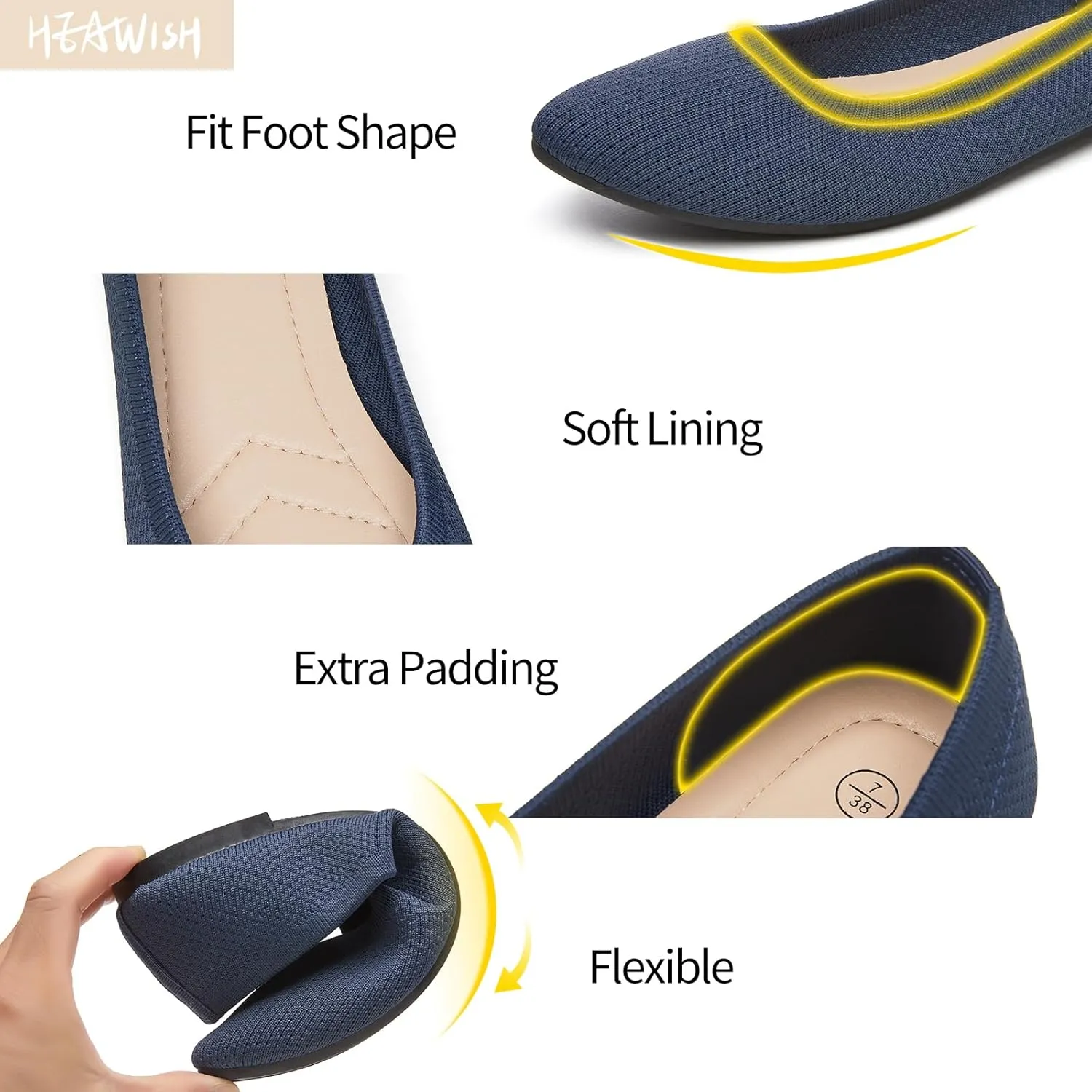 HEAWISH Womens Ballet Flat Flats Shoes Comfortable Mesh Pointed Toe Slip On Dress Shoes