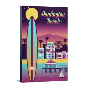 Huntington Beach, California, Retro Skyline Chromatic Series, Lantern Press Artwork, Stretched Canvas