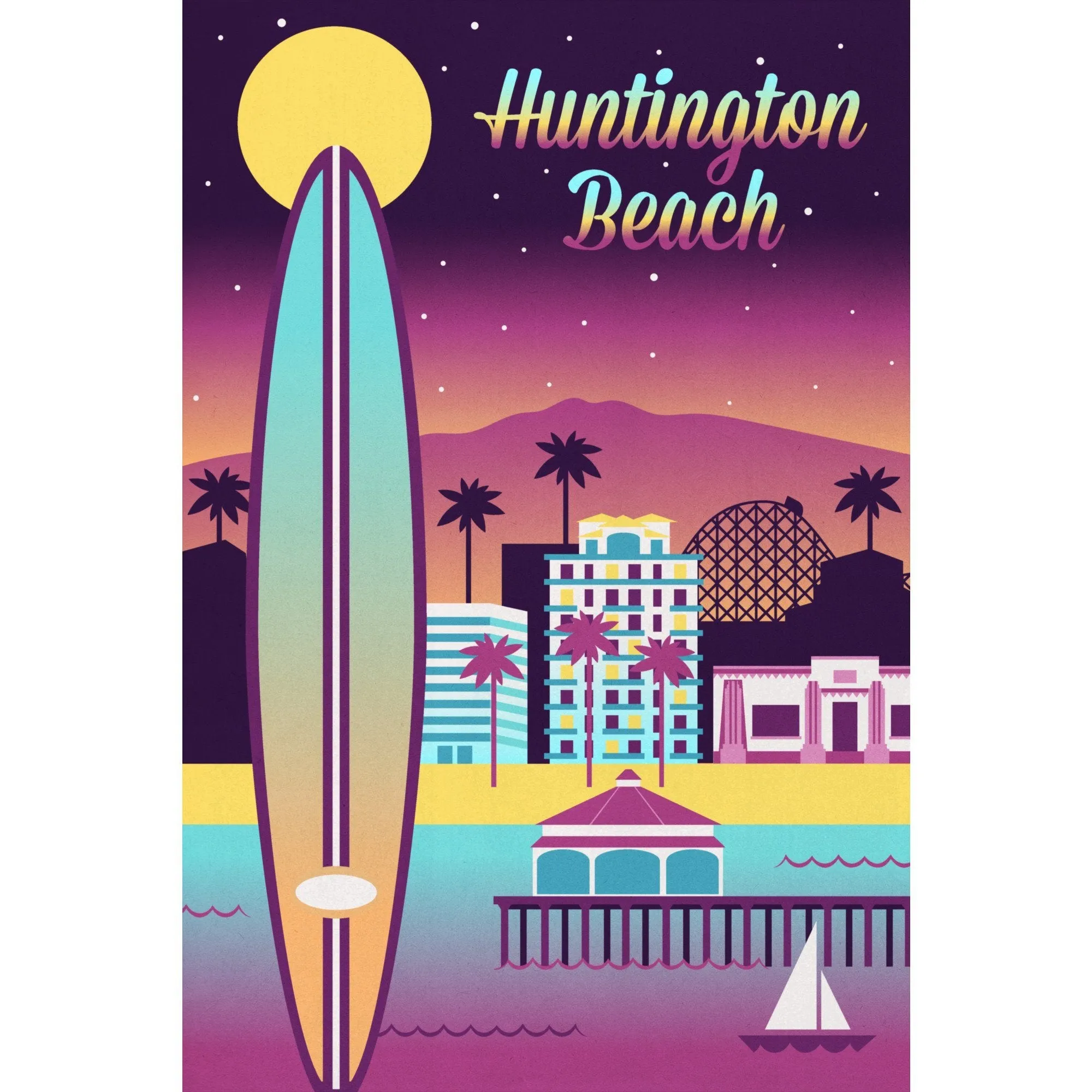 Huntington Beach, California, Retro Skyline Chromatic Series, Lantern Press Artwork, Stretched Canvas