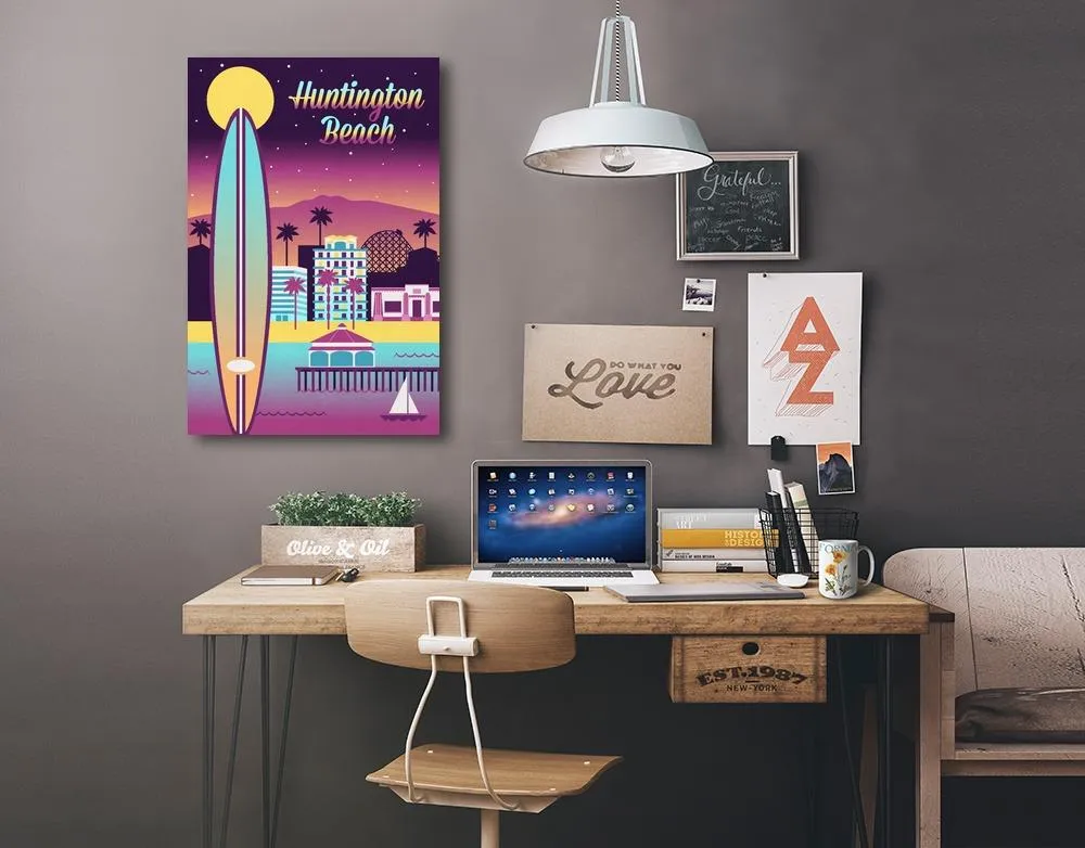 Huntington Beach, California, Retro Skyline Chromatic Series, Lantern Press Artwork, Stretched Canvas