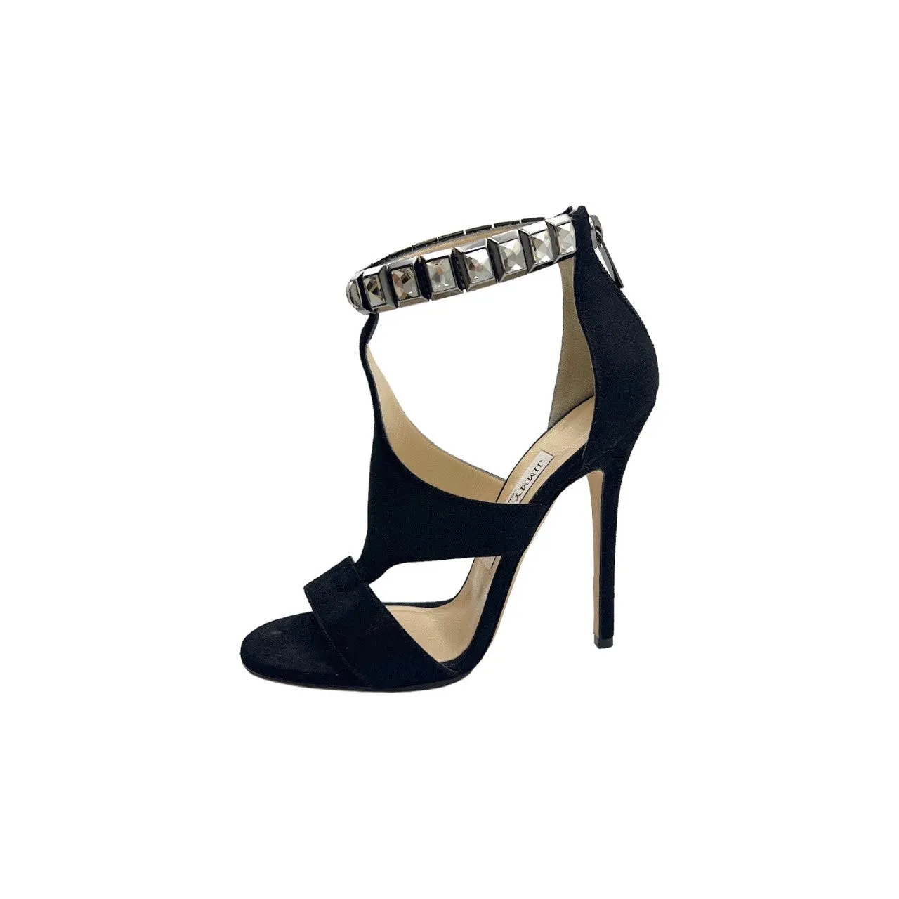 JIMMY CHOO 144 Halo Black Shimmer Suede Crystal Sandal Heels - Sz. 36