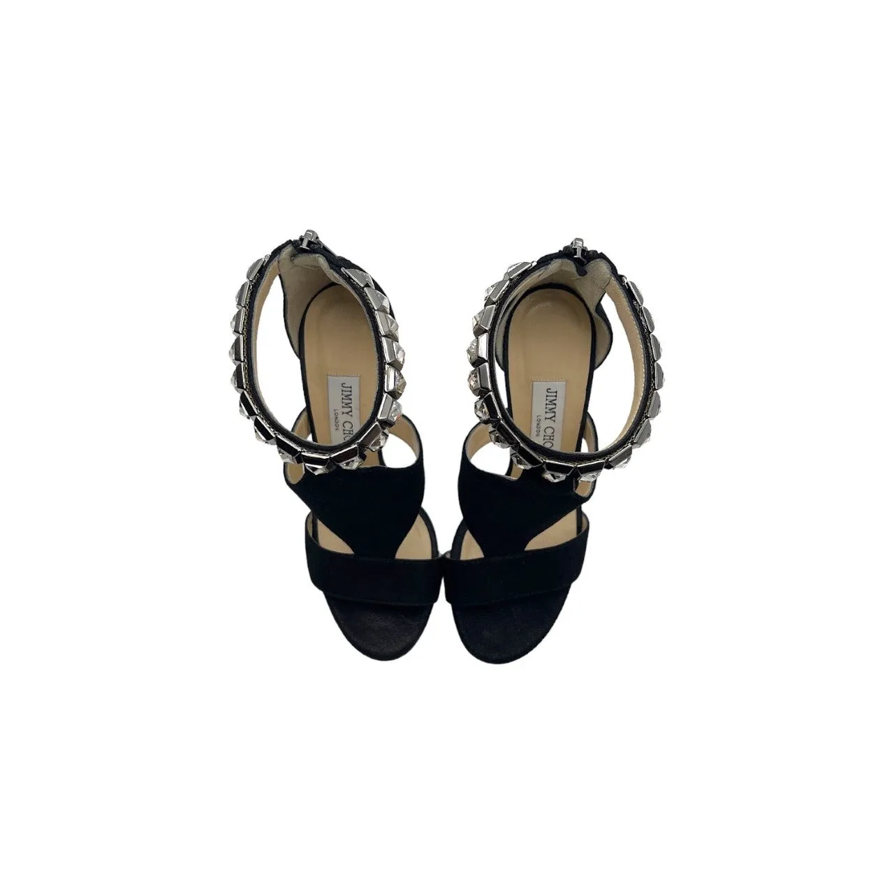 JIMMY CHOO 144 Halo Black Shimmer Suede Crystal Sandal Heels - Sz. 36