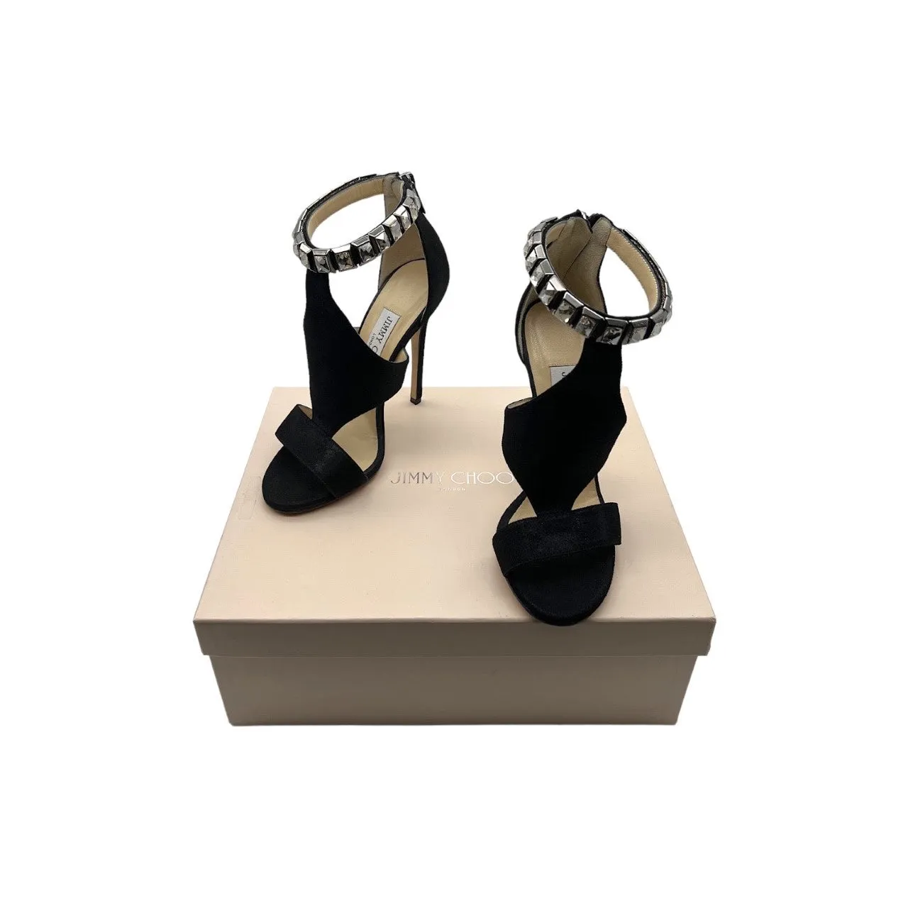 JIMMY CHOO 144 Halo Black Shimmer Suede Crystal Sandal Heels - Sz. 36