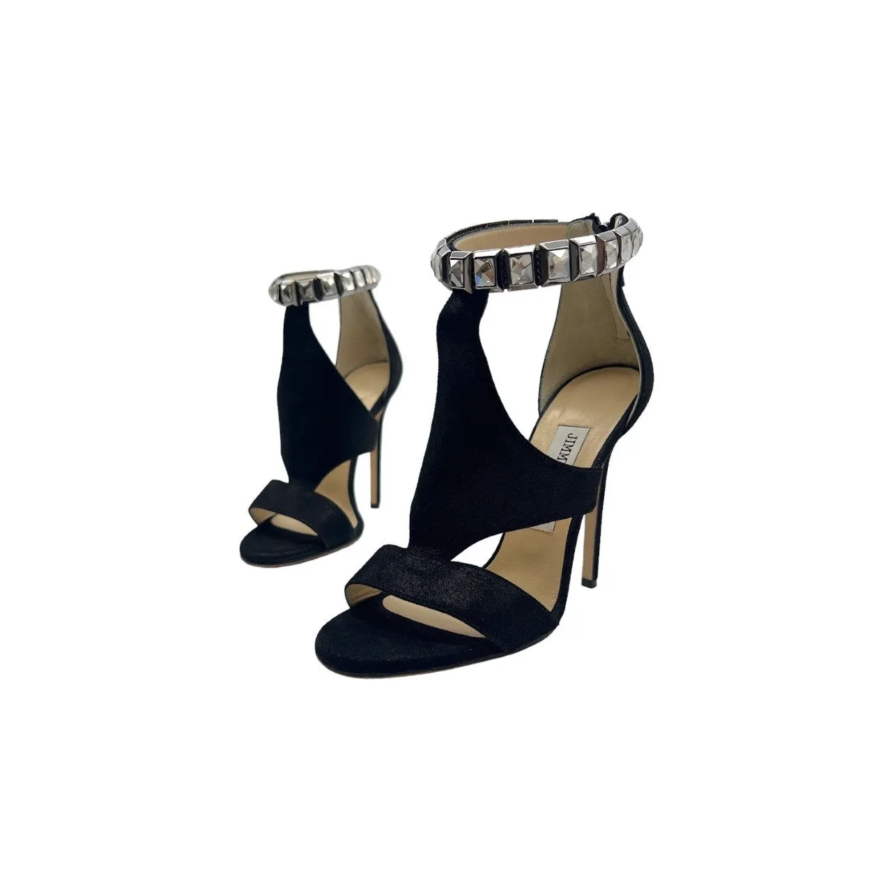 JIMMY CHOO 144 Halo Black Shimmer Suede Crystal Sandal Heels - Sz. 36