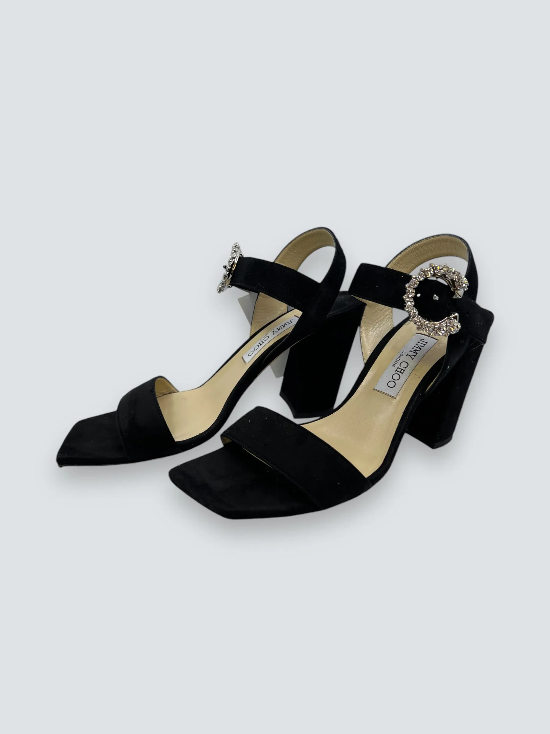 Jimmy Choo Black Suede & Crystal Block Heels - Size UK 7