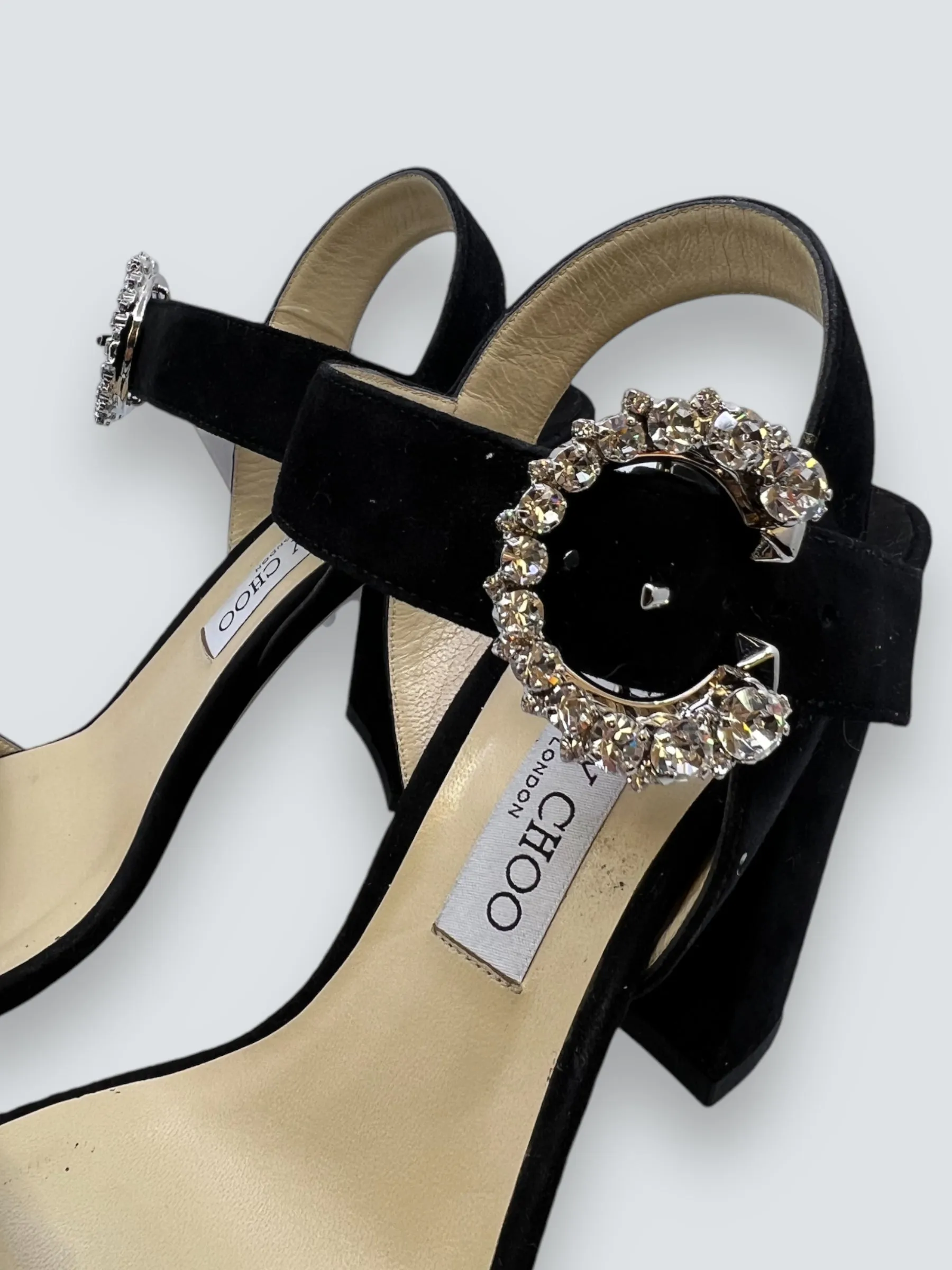 Jimmy Choo Black Suede & Crystal Block Heels - Size UK 7
