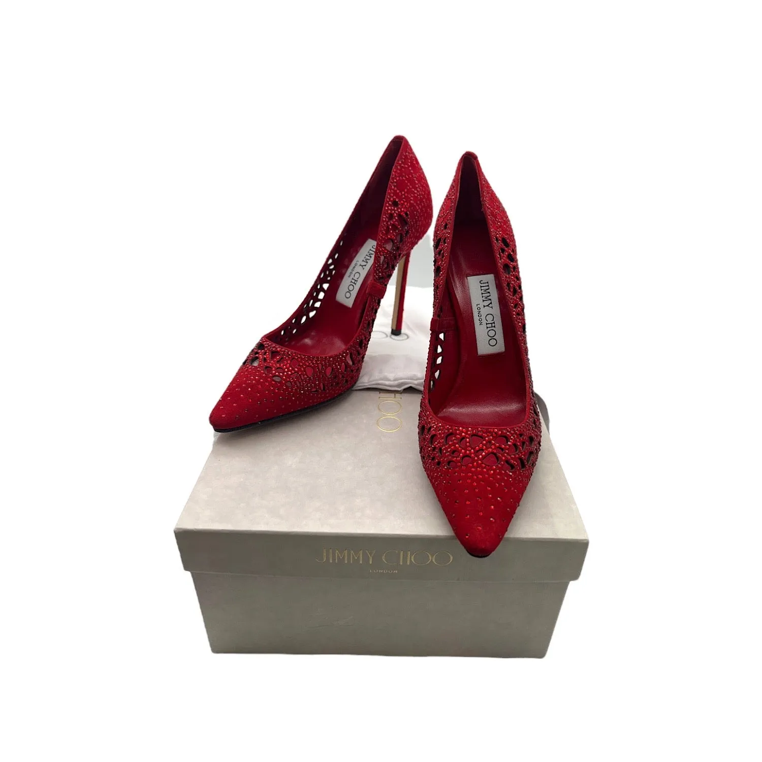 JIMMY CHOO Romy 110 Red Perforated Suede w Crystal Hotfix - Sz. 36