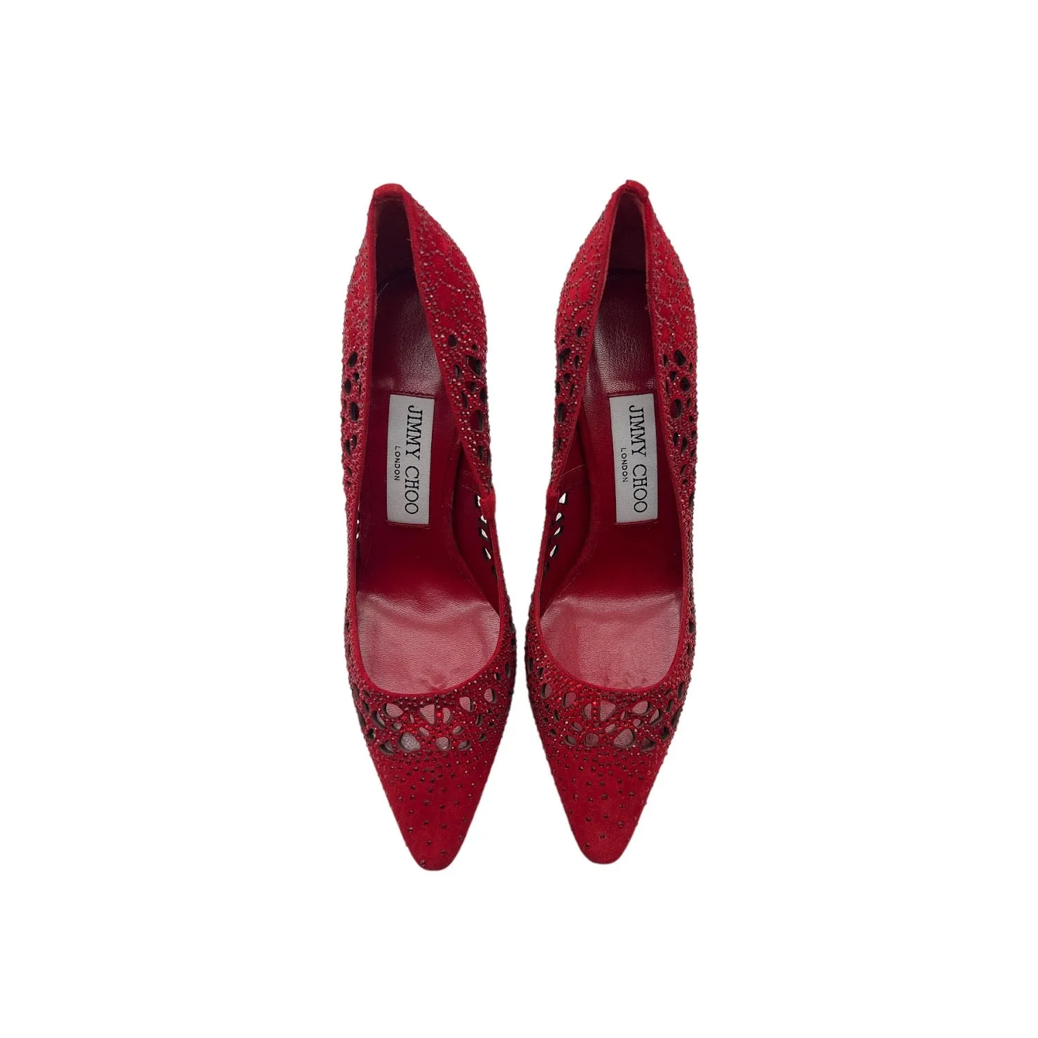 JIMMY CHOO Romy 110 Red Perforated Suede w Crystal Hotfix - Sz. 36