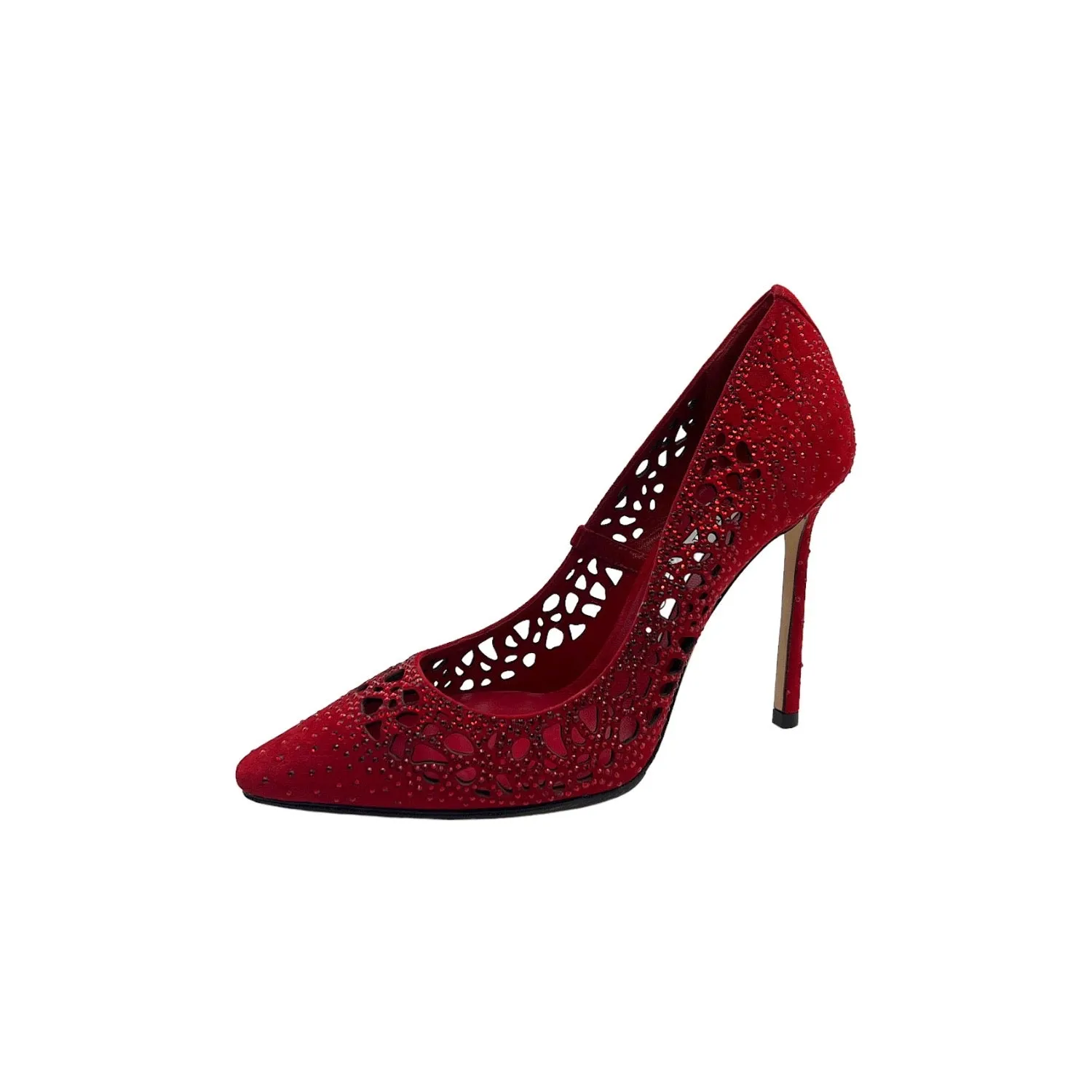 JIMMY CHOO Romy 110 Red Perforated Suede w Crystal Hotfix - Sz. 36