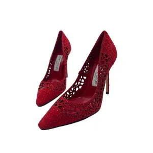 JIMMY CHOO Romy 110 Red Perforated Suede w Crystal Hotfix - Sz. 36