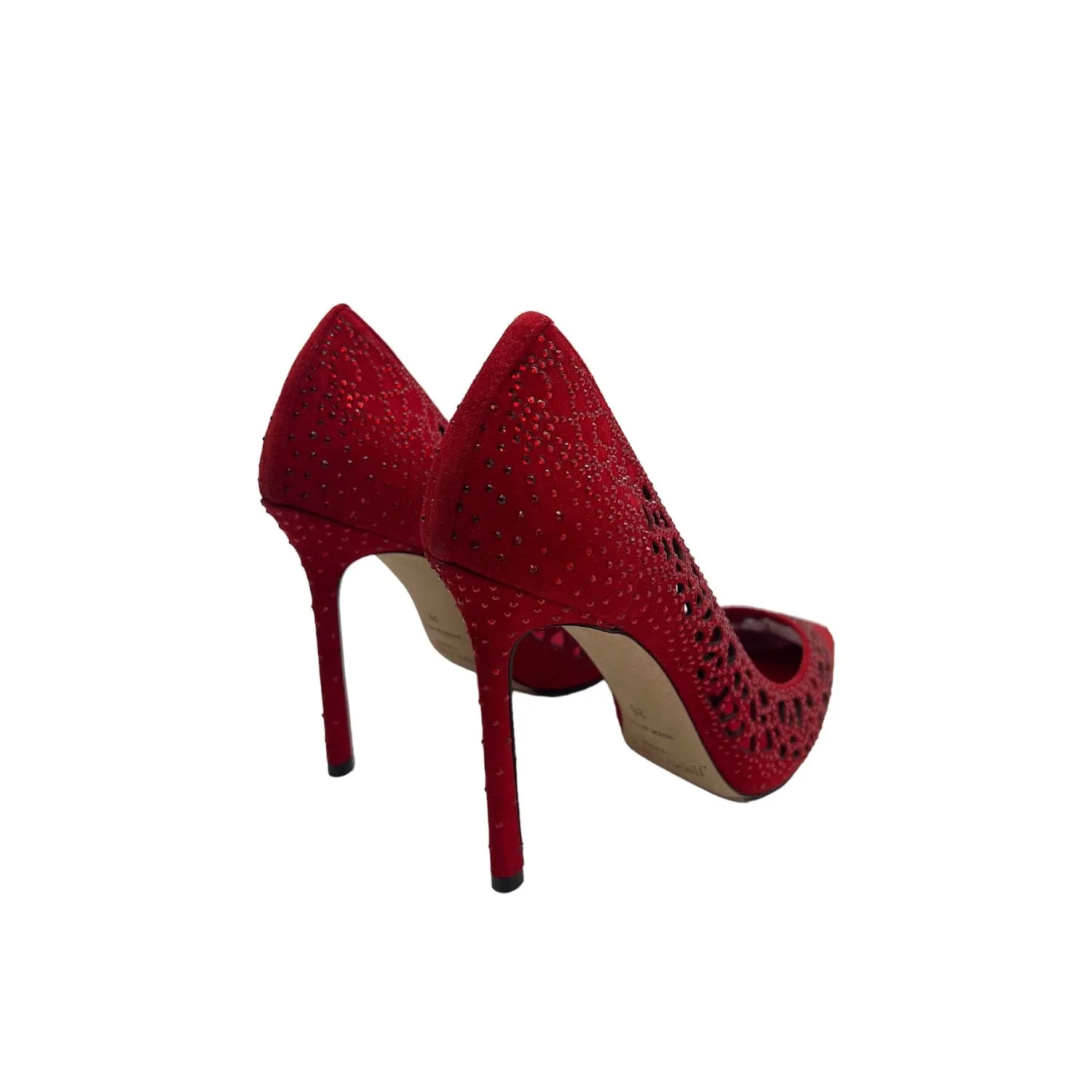 JIMMY CHOO Romy 110 Red Perforated Suede w Crystal Hotfix - Sz. 36