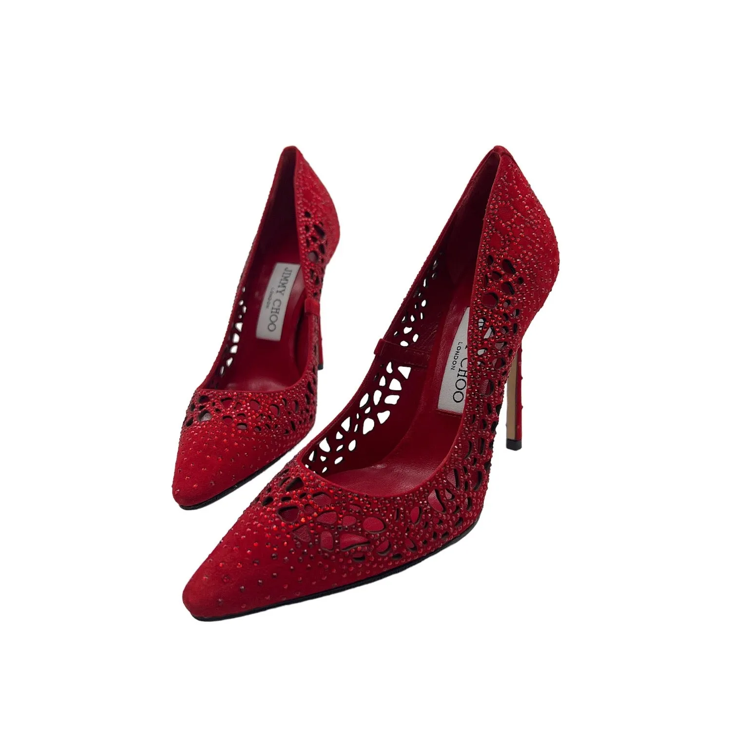 JIMMY CHOO Romy 110 Red Perforated Suede w Crystal Hotfix - Sz. 36