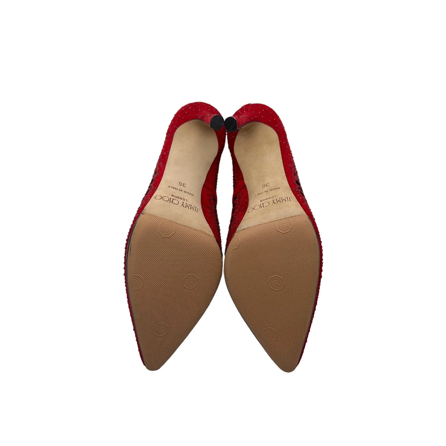 JIMMY CHOO Romy 110 Red Perforated Suede w Crystal Hotfix - Sz. 36