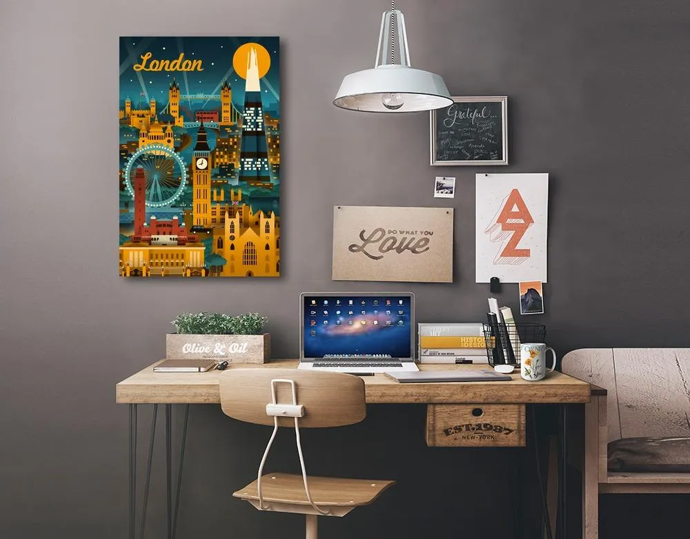 London, England, Retro Skyline, Lantern Press Artwork