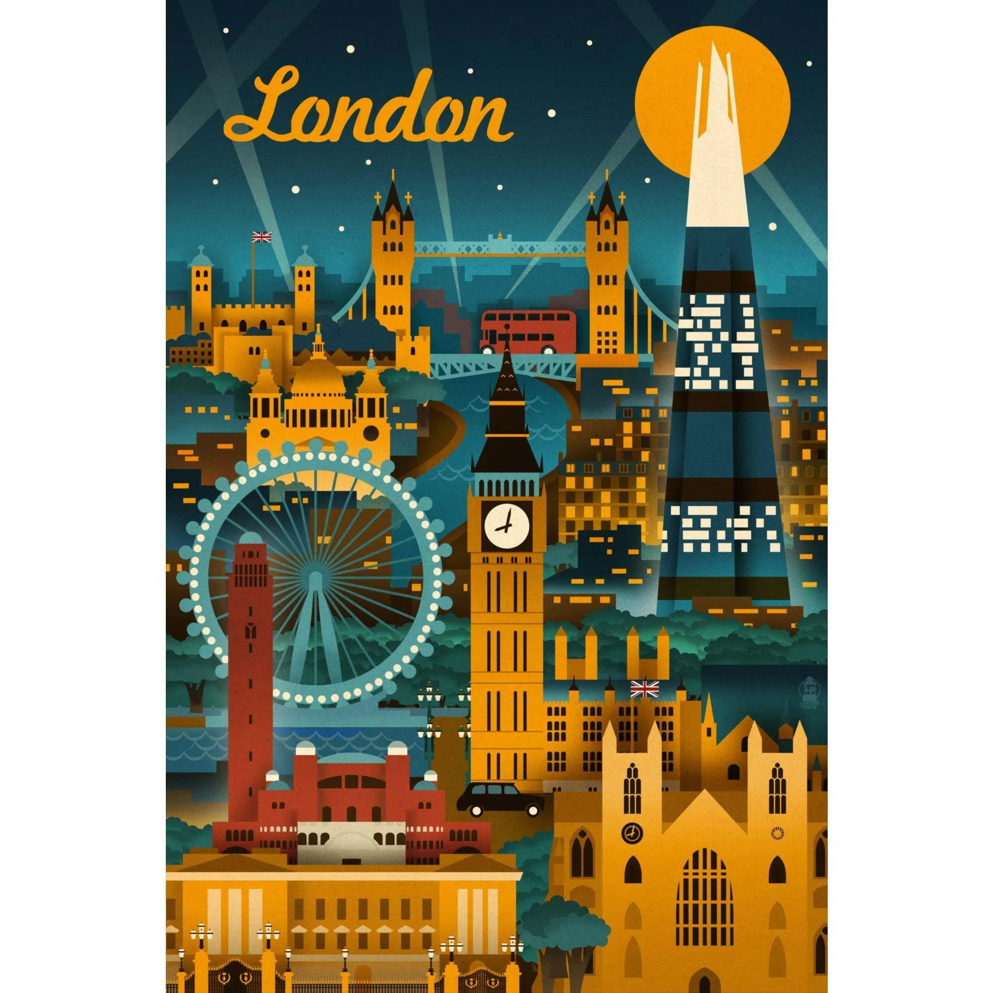 London, England, Retro Skyline, Lantern Press Artwork