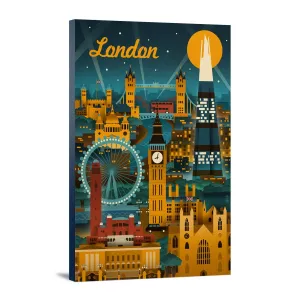 London, England, Retro Skyline, Lantern Press Artwork