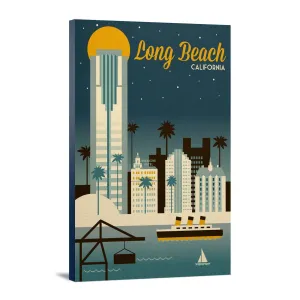 Long Beach, California, Retro Skyline Classic Series, Lantern Press Artwork, Stretched Canvas