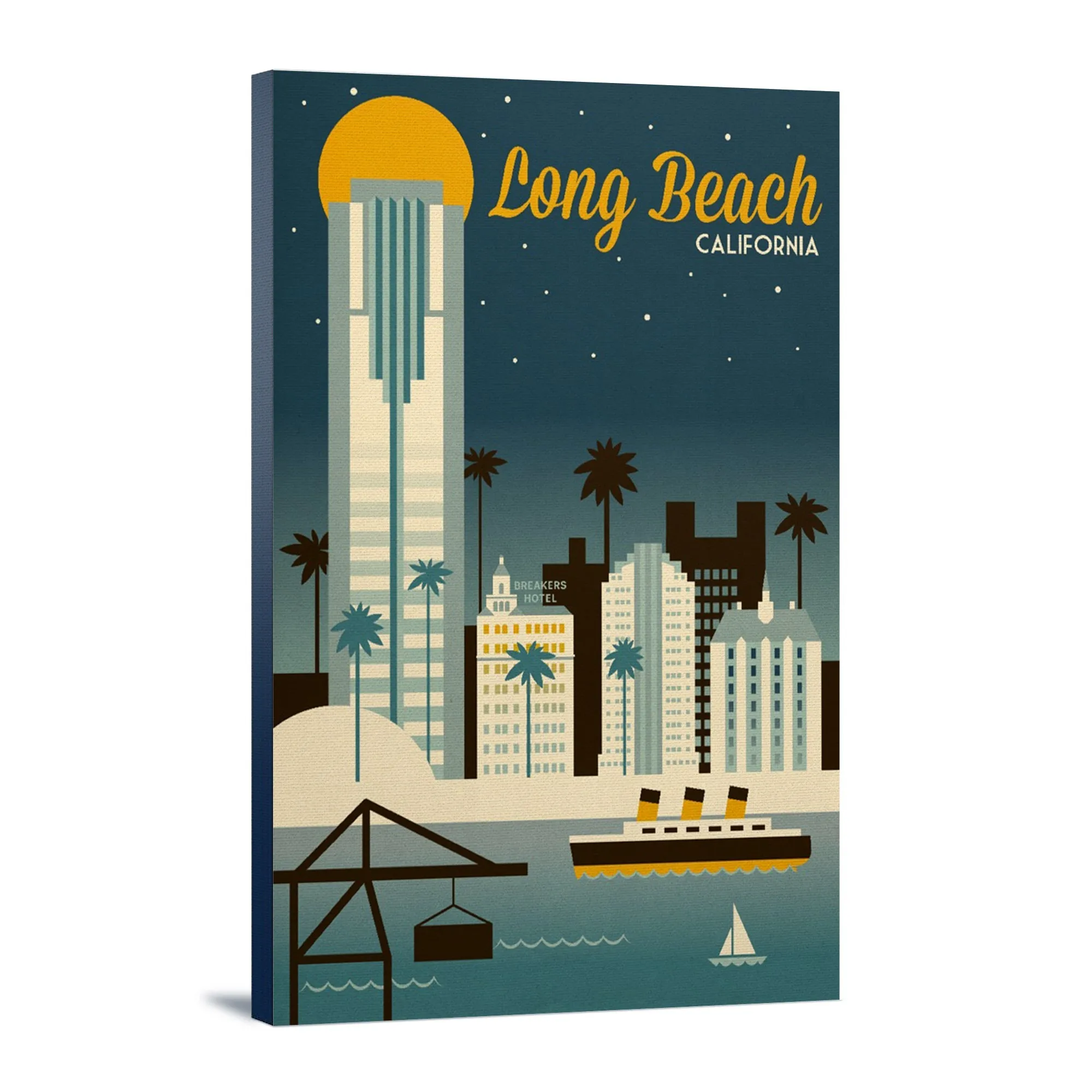 Long Beach, California, Retro Skyline Classic Series, Lantern Press Artwork, Stretched Canvas