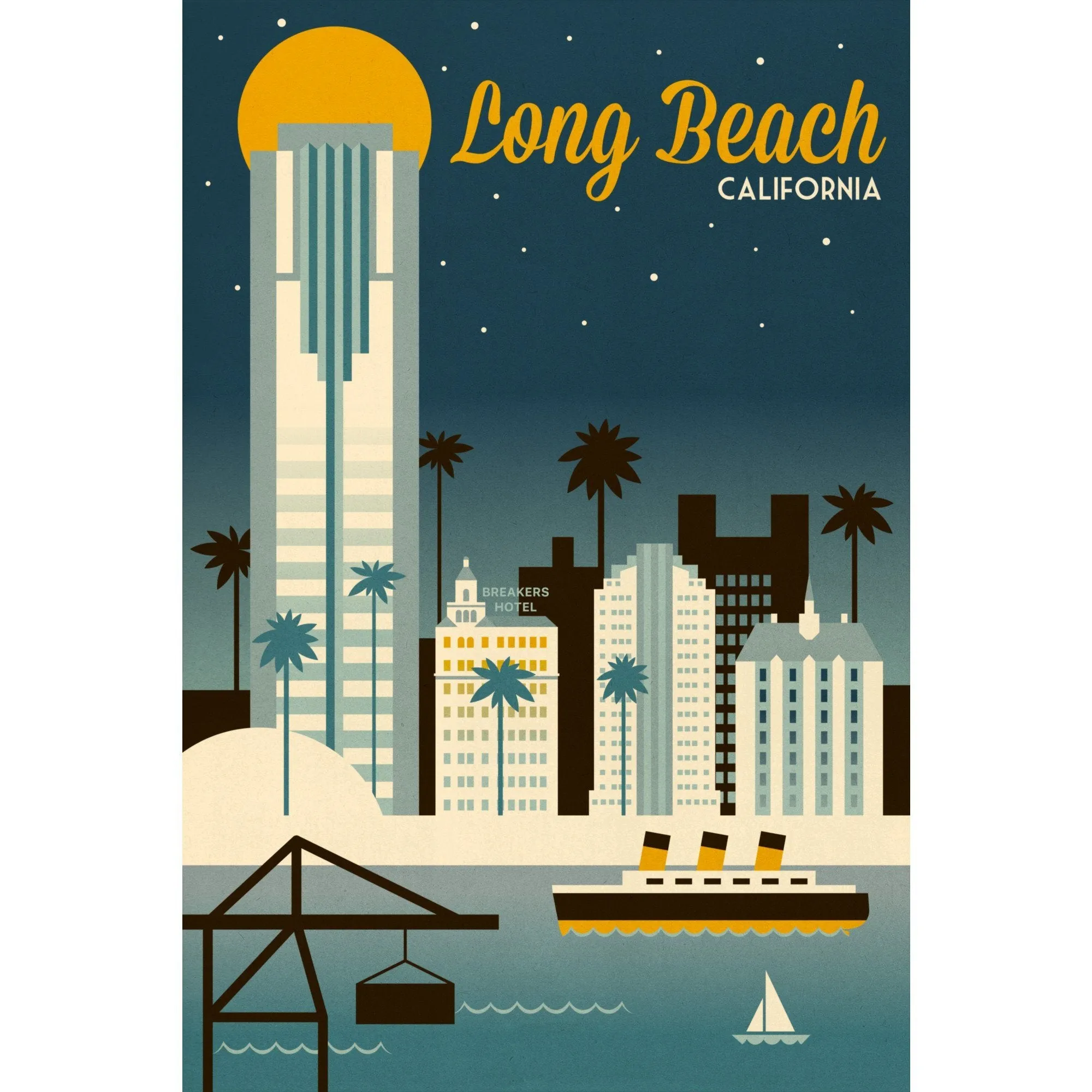 Long Beach, California, Retro Skyline Classic Series, Lantern Press Artwork, Stretched Canvas