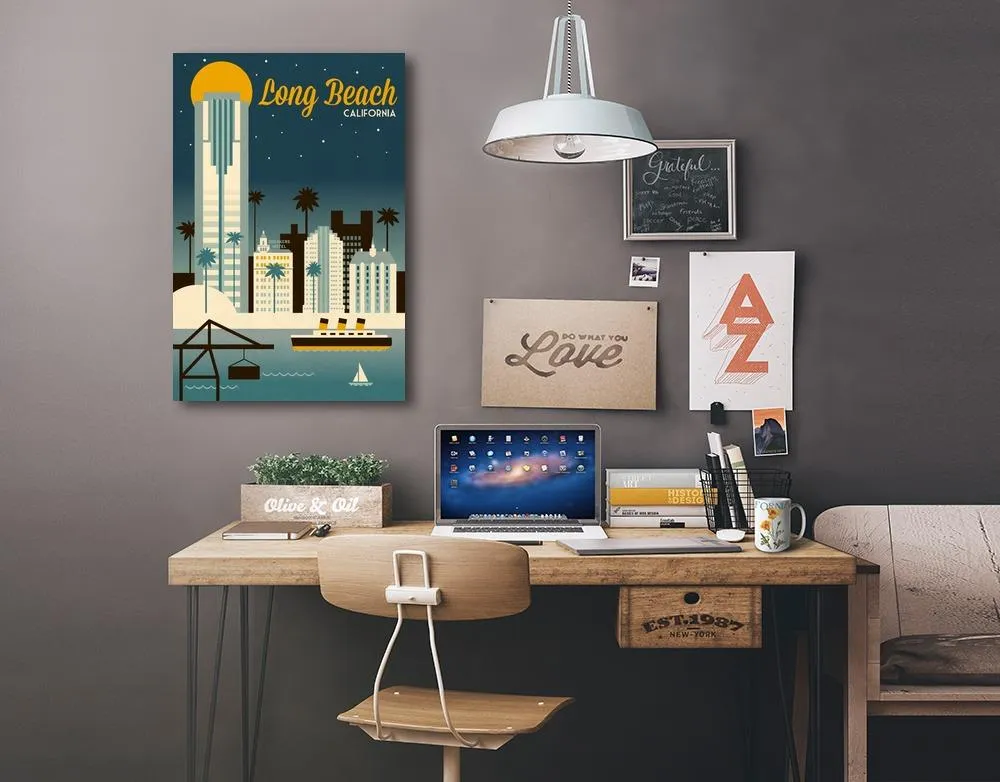 Long Beach, California, Retro Skyline Classic Series, Lantern Press Artwork, Stretched Canvas