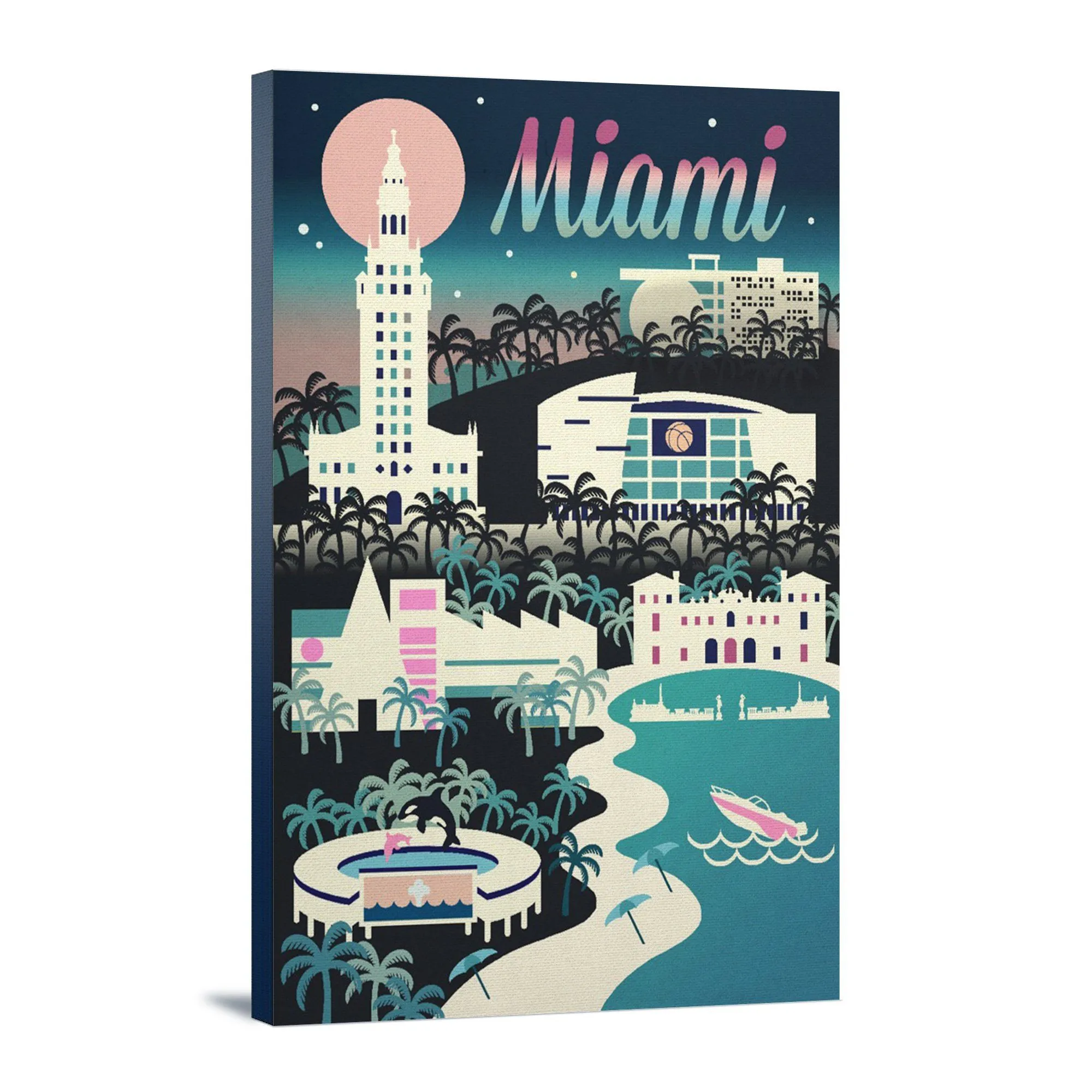 Miami, Florida, Retro Skyline Chromatic Series, Lantern Press Artwork, Stretched Canvas