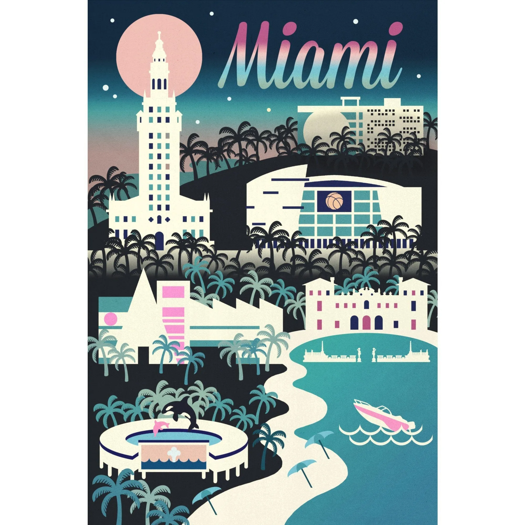 Miami, Florida, Retro Skyline Chromatic Series, Lantern Press Artwork, Stretched Canvas