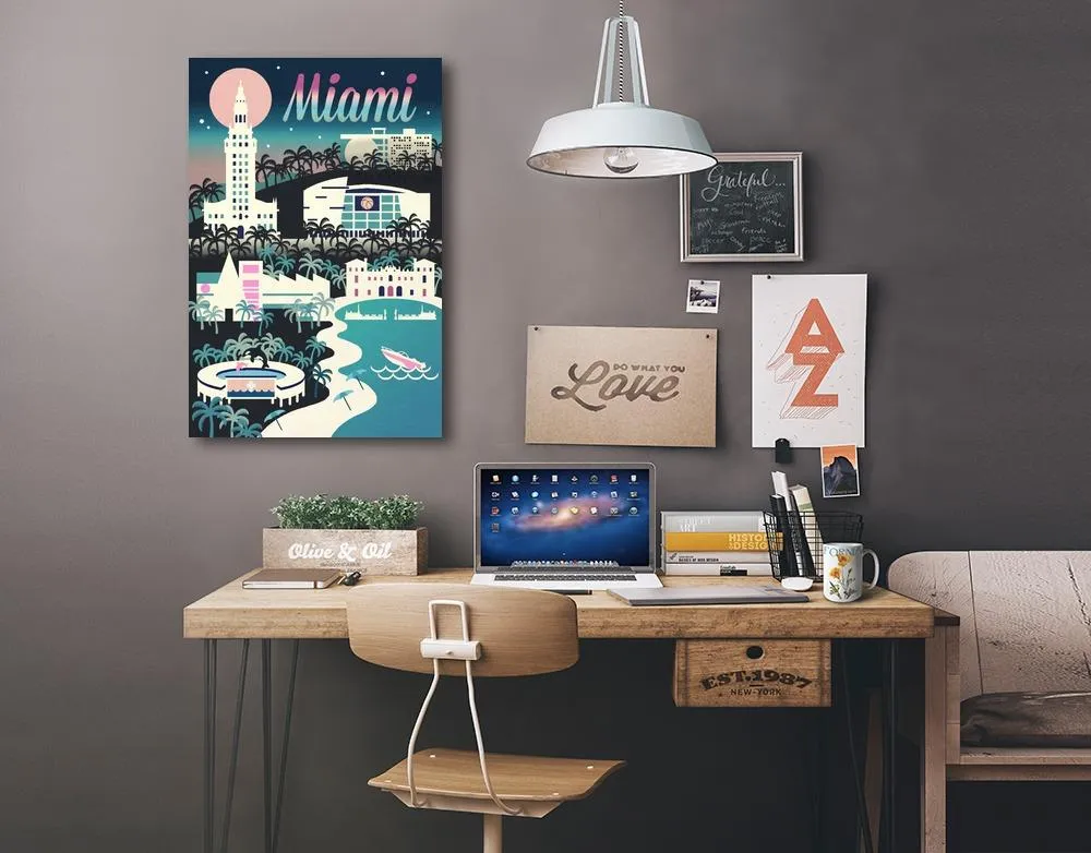 Miami, Florida, Retro Skyline Chromatic Series, Lantern Press Artwork, Stretched Canvas