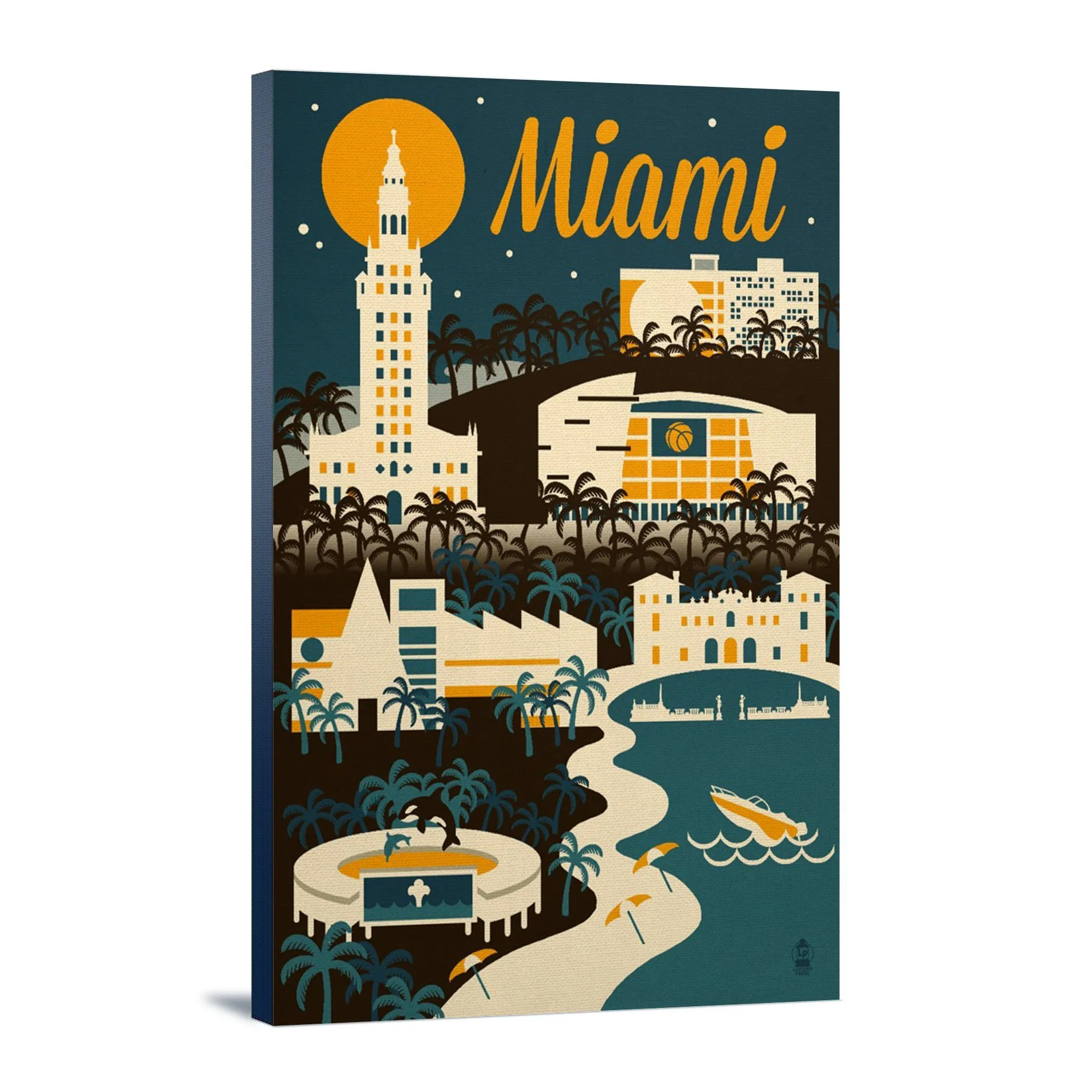 Miami, Florida, Retro Skyline, Lantern Press Artwork, Stretched Canvas
