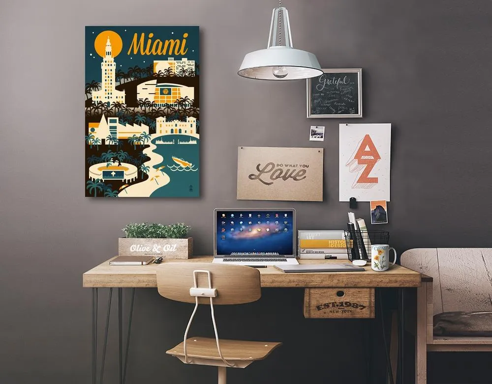 Miami, Florida, Retro Skyline, Lantern Press Artwork, Stretched Canvas