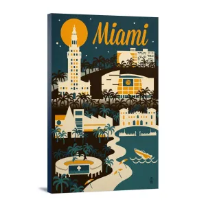 Miami, Florida, Retro Skyline, Lantern Press Artwork, Stretched Canvas